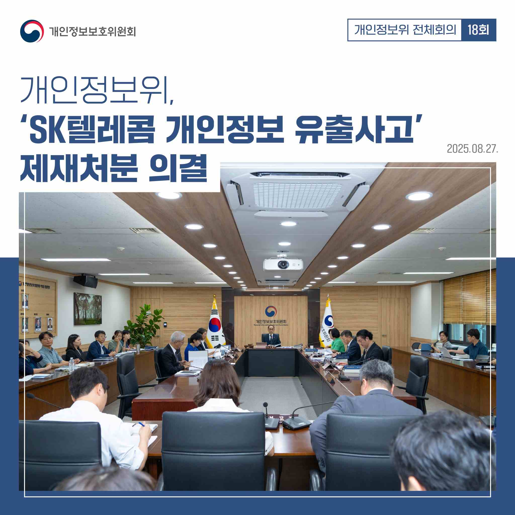 개인정보위 전체회의 18회
개인정보위, 'SK텔레콤 개인정보 유출사고' 제재처분 의결
2025.08.27.