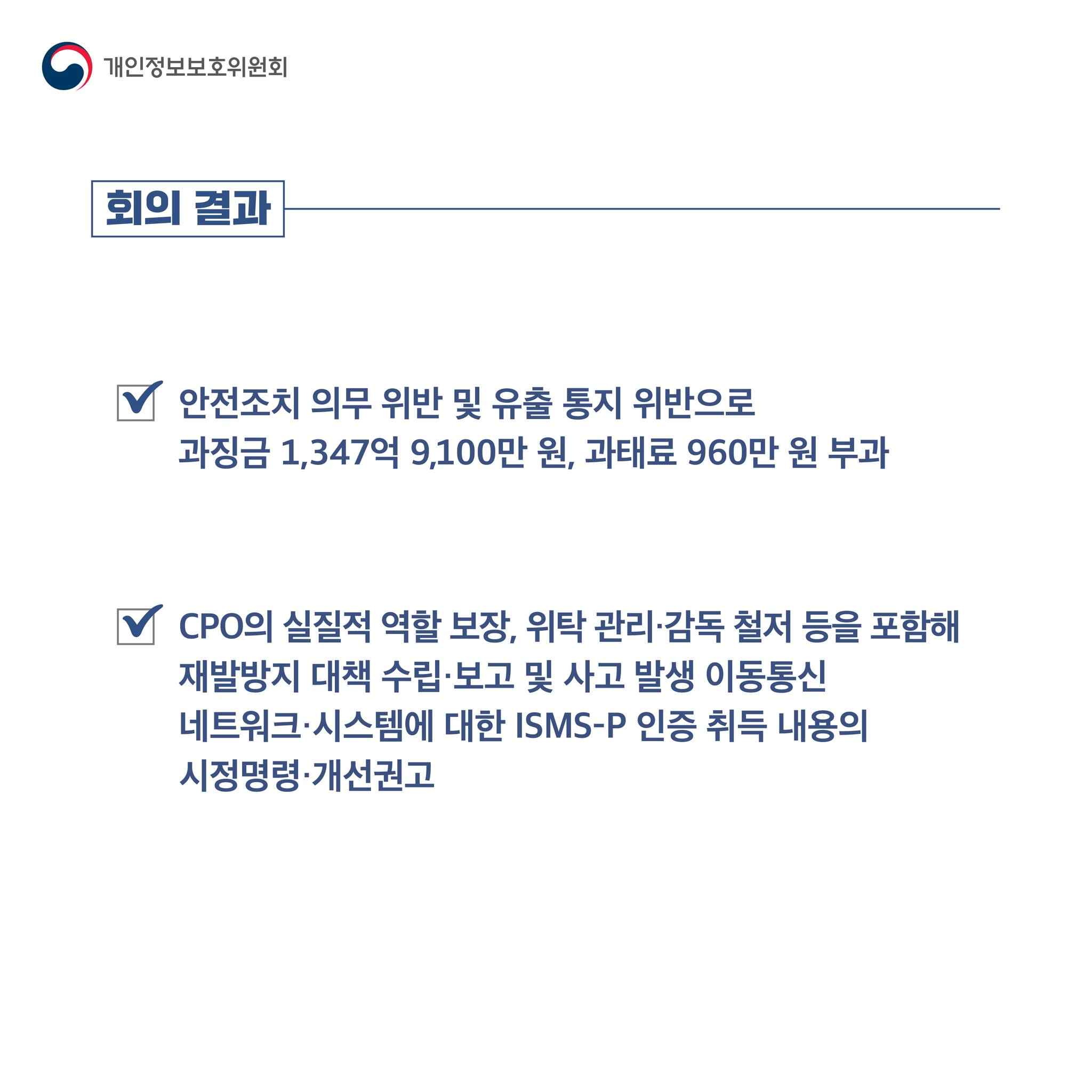 회의 결과
V 안전조치 의무 위반 및 유출 통지 위반으로
과징금 1,347억 9,100만 원, 과태료 960만 원 부과

V CPO의 실질적 역할 보장, 위탁 관리·감독 철저 등을 포함해
재발방지 대책 수립·보고 및 사고 발생 이동통신
네트워크·시스템에 대한 ISMS-P 인증 취득 내용의
시정명령·개선권고