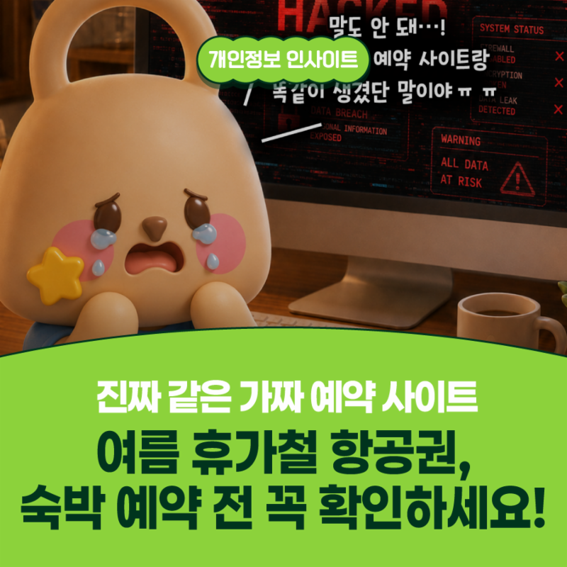 여름휴가 망치지 않으려면

예약 전 반드시 체크!🔎

​

📌예약 전 체크리스트

✔공식 앱 이용, 주소(URL) 직접 확인

✔검색광고 클릭 시 사이트 주소 재확인

✔개인정보 입력 전 보안 연결 확인